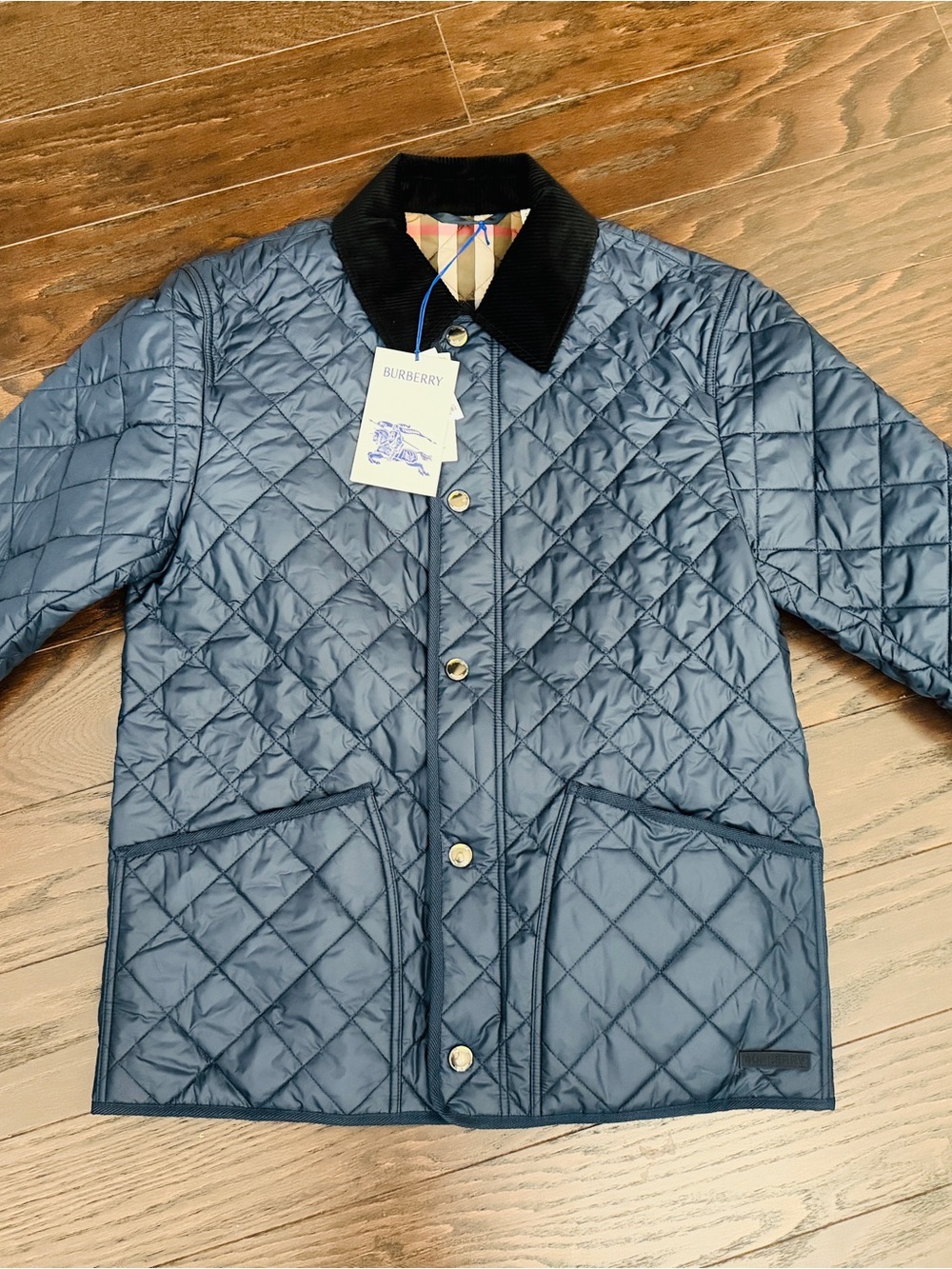Burberry Navy Quilted Jacket with Black Contrast Collar